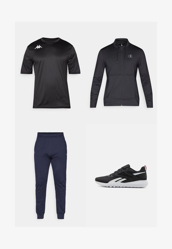 Crna sportska jakna na zip s visokim ovratnikom, kapuljačom sa vezicom i bočnim džepovima. Glatka tkanina s suptilnim sjajem i detaljem logotipa.; Crna kratkotrajna majica za sport, izrađena od glatkog materijala, sadrži bijeli logo na gornjem lijevom dijelu grudi i dizajn okruglog izreza.; Tamno plave trenirke izrađene od mekog pamuka, s elastičnim pojasom, rebrastim rukavima i malim logom na gornjem lijevom butu.; Crne atletske cipele s mrežastim gornjim dijelom, bijelim akcentima, teksturiranim potplatom i crvenim detaljem na peti za dodatnu istaknutost.