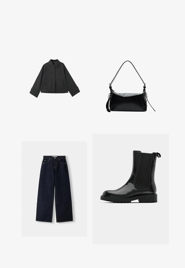 Svart kort jacka med krage, knappstängning, två framfickor och breda manschetter på långa ärmar.; Ljusblå tröja i mjukt, borstat tyg. Har ribbade ärmslut och nederkant, samt en rundad halsringning. Avslappnad passform med sänkt axelsöm.; Mörkblå denim med vida ben och hög midja, fem fickor, kontrastsömmar och silverfärgad metalldetaljer. Slät textur och ren finish.; Svarta ankelskor gjorda av glänsande material med elastiska sidopaneler, en dragflik och en tjock, robust sula med mönsterdetaljer.; Svart läderhandväska med en böjd axelrem, slät yta, rektangulär form, dragkedjestängning och silverfärgade detaljer.