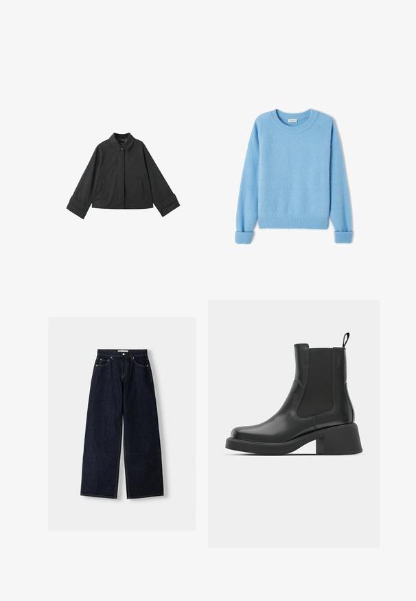 Black cropped jacket with collar, button closure, two front pockets, and wide cuffs on long sleeves.; Light blue sweater made of soft, brushed fabric. Features ribbed cuffs and hem, and a rounded neckline. Relaxed fit with dropped shoulders.; Dark blue denim wide-leg jeans with a high waist, five pockets, contrast stitching, and silver metal hardware. Smooth texture and clean finish.; Black leather ankle boots with elastic side panels, rounded toe, and a chunky block heel. Smooth texture with a minimalistic design.