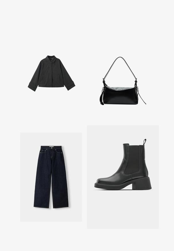 Černá zkrácená bunda s límečkem, zapínáním na knoflíky, dvěma předními kapsami a širokými manžetami na dlouhých rukávech.; Světle modrý svetr vyrobený z měkké, kartáčované tkaniny. Má žebrované manžety a lem, a kulatý výstřih. Uvolněný střih s kleslými rameny.; Tmavě modré džíny s širokými nohavicemi a vysokým pasem, pěti kapsami, kontrastním šitím a stříbrnými kovovými detaily. Hladká struktura a čisté provedení.; Černé kožené kotníkové boty s elastickými bočními panely, kulatou špičkou a silným blokovým podpatkem. Hladká textura s minimalistickým designem.; Černá kožená kabelka s zakřiveným ramenním popruhem, hladkým povrchem, obdélníkovým tvarem, zipovým uzavřením a stříbrnými kovovými detaily.