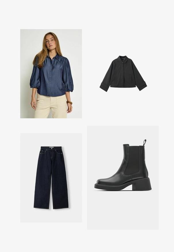 Giacca nera corta con colletto, chiusura a bottoni, due tasche frontali e polsini larghi su maniche lunghe.; Camicia blu navy con bottoni, maniche a sbuffo e colletto, realizzata in tessuto morbido. Presenta un orlo dritto e una sottile lucentezza.; Jeans a gamba larga in denim blu scuro con vita alta, cinque tasche, cuciture a contrasto e hardware in metallo argentato. Texture liscia e finitura pulita.; Stivaletti neri in pelle con pannelli laterali elastici, punta arrotondata e tacco a blocco spesso. Texture liscia con un design minimalista.