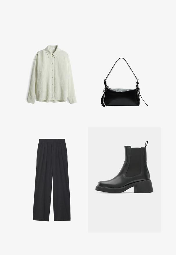 Schwarze, gekürzte Jacke mit Kragen, Knopfverschluss, zwei Fronttaschen und breiten Manschetten an den langen Ärmeln.; Hellgrünes Hemd mit Kragen und langen Ärmeln, das eine strukturierte Oberfläche, eine Knopfleiste und ein dezentes Streifenmuster an den Manschetten aufweist.; Weit geschnittene Hosen aus dunkelgrauem Stoff. Merkmale sind Falten an der Taille, ein maßgeschneiderter Schnitt und eine gerade Silhouette.; Schwarze Leder-Stiefeletten mit elastischen Seitenpanelen, abgerundetem Zehenbereich und einem klobigen Blockabsatz. Glatte Textur mit einem minimalistischen Design.; Schwarze Ledertasche mit einem gewölbten Schultergurt, glatter Textur, rechteckiger Form, Reißverschluss und Akzenten aus silbernem Metall.