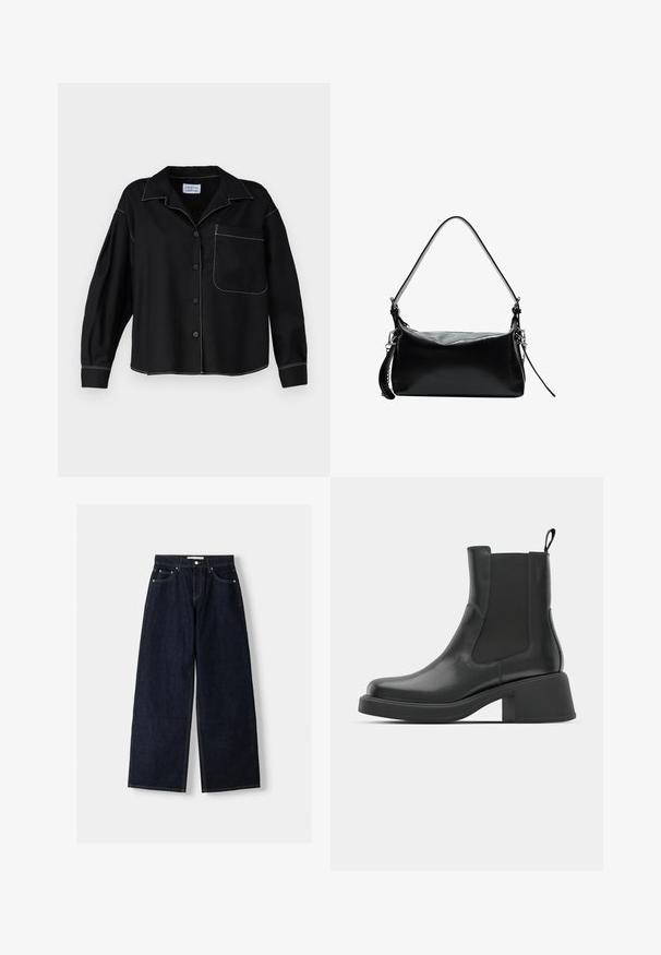 Zwarte cropped jack met kraag, knoopsluiting, twee voorkruiszakken en brede manchetten op lange mouwen.; Zwarte overhemden met kraag, lange mouwen en een borstzak. Witte contrasterende stiksels langs de naden. Glad textuur van de stof.; Donkerblauwe denim wijduitlopende jeans met een hoge taille, vijf zakken, contrasterende stiksels en zilveren metalen hardware. Gladde textuur en een nette afwerking.; Zwarte leren enkellaarsjes met elastische zijpanelen, ronde neus en een stevige blokhak. Gladde textuur met een minimalistisch ontwerp.; Zwarte leren handtas met een gebogen schouderband, een gladde textuur, een rechthoekige vorm, ritssluiting en zilveren hardware accenten.