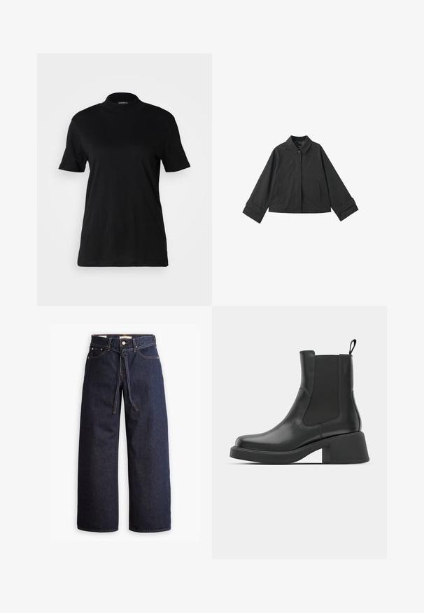 Jachetă neagră croppată cu guler, închidere cu buton, două buzunare frontale și mansete largi pe mânecile lungi.; Tricou negru cu mânecă scurtă, cu un gât înalt, realizat dintr-o țesătură de bumbac neted. Design simplu, fără modele sau grafice vizibile.; Blugi din denim cu talie înaltă, de culoare albastru închis, cu picior larg, dotati cu şnur pentru ajustare, cinci buzunare şi detalii de cusătură în contrast.; Botine negre din piele, cu panouri elastice pe laterale, vârf rotund și toc gros. Textură netedă cu un design minimalist.