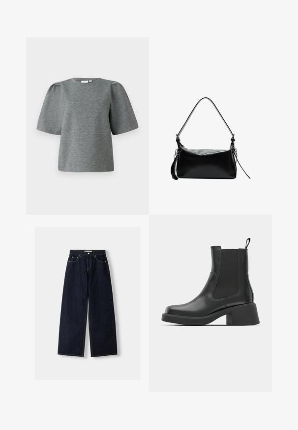 Giacca nera corta con colletto, chiusura a bottoni, due tasche frontali e polsini larghi su maniche lunghe.; Maglietta grigia a maniche corte realizzata in tessuto morbido, con scollo rotondo e maniche leggermente puffate per un volume extra. Tessuto liscio senza motivi.; Jeans a gamba larga in denim blu scuro con vita alta, cinque tasche, cuciture a contrasto e hardware in metallo argentato. Texture liscia e finitura pulita.; Stivaletti neri in pelle con pannelli laterali elastici, punta arrotondata e tacco a blocco spesso. Texture liscia con un design minimalista.; Borsa a tracolla in pelle nera con una tracolla curva, texture liscia, forma rettangolare, chiusura con zip e dettagli in metallo argentato.