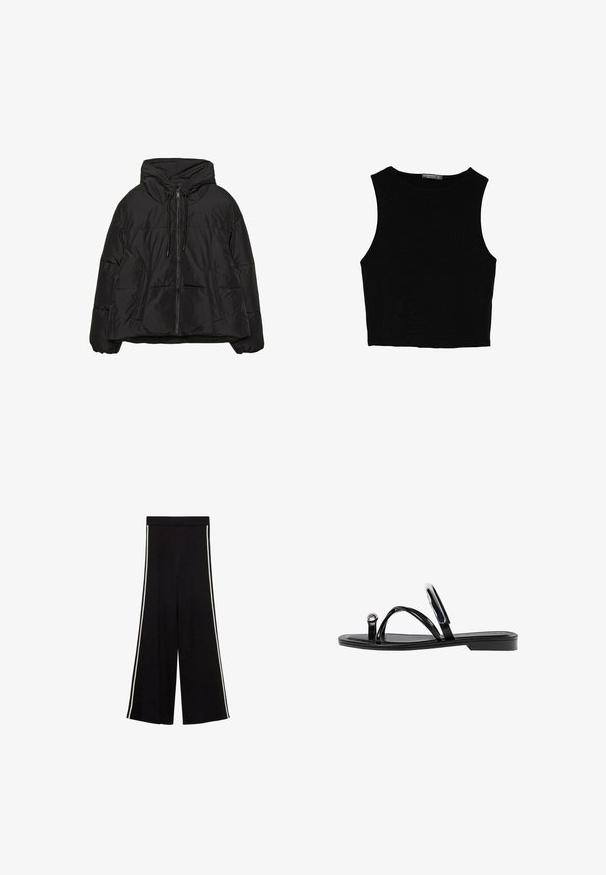 Čierna puffer bunda s predným zipsom, kapucňou na sťahovanie a bočnými vreckami; vyrobená z lesklého materiálu s prešívanou textúrou.; Čierny bezrukávový crop top vyrobený z hladkej tkaniny, so zaobleným výstrihom a čistým, jednoduchým dizajnom bez vzorov alebo kovania.; Čierne nohavice s voľným strihom a hladkou textúrou, ktoré majú biele bočné pruhy. Vysoký pás, bez viditeľných kovových prvkov alebo ozdôb.; Čierne ploché sandále s lesklým povrchom, tromi tenkými popruhmi a okrúhlou kovovou ozdobou na prste. Elegantný dizajn s minimálnym podpätkom.