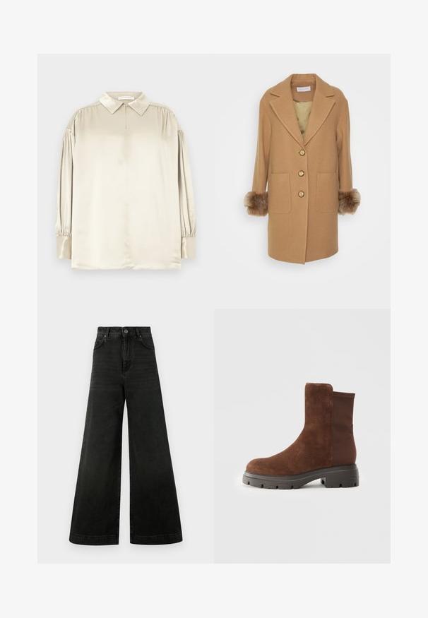 Camel wool blend coat with a notched collar, four gold buttons, two side pockets, and faux fur accents at the cuffs.; Beige satin long-sleeve blouse with a pointed collar, buttoned cuffs, and subtle shoulder gathers laid flat.; High-waisted, wide-leg jeans in dark black denim. Features include a button closure, front pockets, and a smooth texture with minimal fading.; Brown suede ankle boot with elastic side panels, rounded toe, and a thick rubber sole featuring a textured tread pattern.