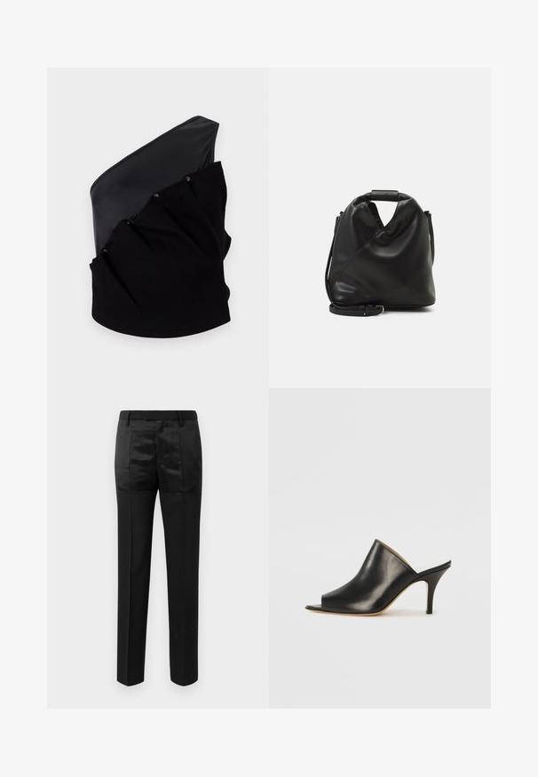 Manteau en mélange de laine de chameau avec un col cranté, quatre boutons dorés, deux poches latérales et des accents en fausse fourrure aux poignets.; Haut asymétrique noir avec un panneau en cuir lisse et un tissu tricoté texturé, doté de détails froncés et de boutons-pression.; Pantalons noirs ajustés avec des jambes droites et une taille avec passants de ceinture, présentant un mélange de panneaux de tissu mats et brillants.; Mule ouverte en cuir noir avec un design élégant et courbé, un talon aiguille haut et une texture lisse. L'intérieur présente une couleur claire contrastante.; Sac en cuir noir et doux avec un design torsadé unique. Doté d'une courte poignée et d'une bandoulière amovible. Style minimaliste.