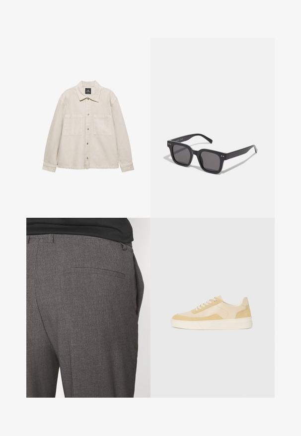 Vaaleanbeige napp closure -takki pehmeästä kankaasta, jossa on terävä kaulus, kaksi rintataskua ja pitkät hihat. Minimalistinen muotoilu.; Kermanne cotton-blend neuvoa, jossa on ribattu crew-neck, pudotetut olkapäät sekä ribatut hihat ja helma. Pehmeä tekstuuri ja rento leikkaus.; Harmaat räätälöidyt housut, joissa on sileä pinta, yhden takataskun ja slim fit -muotoilu. Kankaassa on hienovarainen kuvio.; Tennarit vaaleankeltaisesta nukasta ja nahasta, joissa on pehmustettu pohja ja ommellut yksityiskohdat. Klassinen nauhoitettava muotoilu ja pyöreä kärki.; Mustat suorakulmaiset aurinkolasit tummilla linsseillä, joissa on paksu kehys, hienovaraiset yksityiskohdat sivuilla, eikä näkyviä logoja brändin nimen lisäksi.; Kangasta valmistettu vaaleanbeige kassi, jossa on kaksinkertaiset kahvat. Etupuolella valkoisena painettu "SAMSOE" -logo. Suorakulmainen muoto yksinkertaisella designilla.