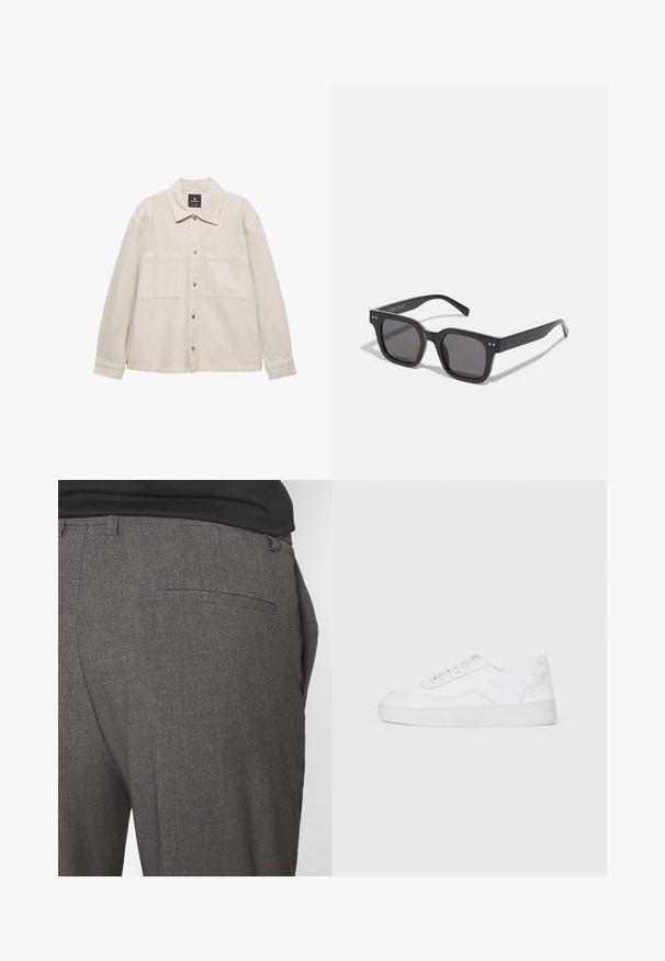 Jasnobeżowa kurtka zapinana na guziki, wykonana z miękkiego materiału, z ostro zakończonym kołnierzem, dwiema kieszeniami na piersi i długimi rękawami. Minimalistyczny design.; Kremowy sweter z mieszanki bawełny z prążkowanym okrągłym dekoltem, opadającymi ramionami oraz prążkowanymi mankietami i dolnym brzegiem. Miękka tekstura i luźny krój.; Szare dopasowane spodnie o gładkiej strukturze, z pojedynczą kieszenią z tyłu i slim fit. Tkanina ma subtelny wzór.; Białe niskie trampki z sznurowanym przodem, gładką cholewką i gumową podeszwą na jednolitym jasnym tle.; Czarne prostokątne okulary przeciwsłoneczne z ciemnymi soczewkami, charakteryzujące się grubą oprawką, subtelnymi akcentami po bokach i brakiem widocznych logo poza nazwą marki.; Torba płócienna w jasnym beżu z podwójnymi uchwytami, z białym logo "SAMSOE" drukowanym z przodu. Prostopadłościenny kształt o prostym wzornictwie.