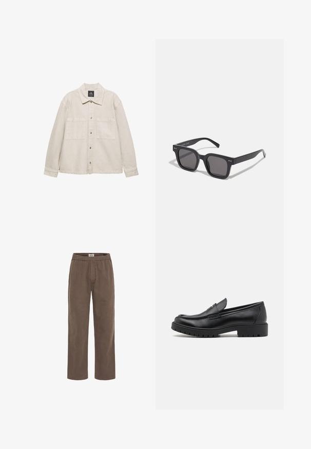 Jasnobeżowa kurtka zapinana na guziki, wykonana z miękkiego materiału, z ostro zakończonym kołnierzem, dwiema kieszeniami na piersi i długimi rękawami. Minimalistyczny design.; Kremowy sweter z mieszanki bawełny z prążkowanym okrągłym dekoltem, opadającymi ramionami oraz prążkowanymi mankietami i dolnym brzegiem. Miękka tekstura i luźny krój.; Brązowe bawełniane spodnie o luźnym kroju, z elastycznym pasem i prostymi nogawkami. Posiadają przednią plisę dla swobodnego wyglądu.; Czarne skórzane mokasyny z okrągłym nosałem, wsuwanym fasonem i grubą gumową podeszwą z teksturowanym uchwytem. Podwyższona pięta i subtelne detale przeszycia.; Czarne prostokątne okulary przeciwsłoneczne z ciemnymi soczewkami, charakteryzujące się grubą oprawką, subtelnymi akcentami po bokach i brakiem widocznych logo poza nazwą marki.; Torba płócienna w jasnym beżu z podwójnymi uchwytami, z białym logo "SAMSOE" drukowanym z przodu. Prostopadłościenny kształt o prostym wzornictwie.