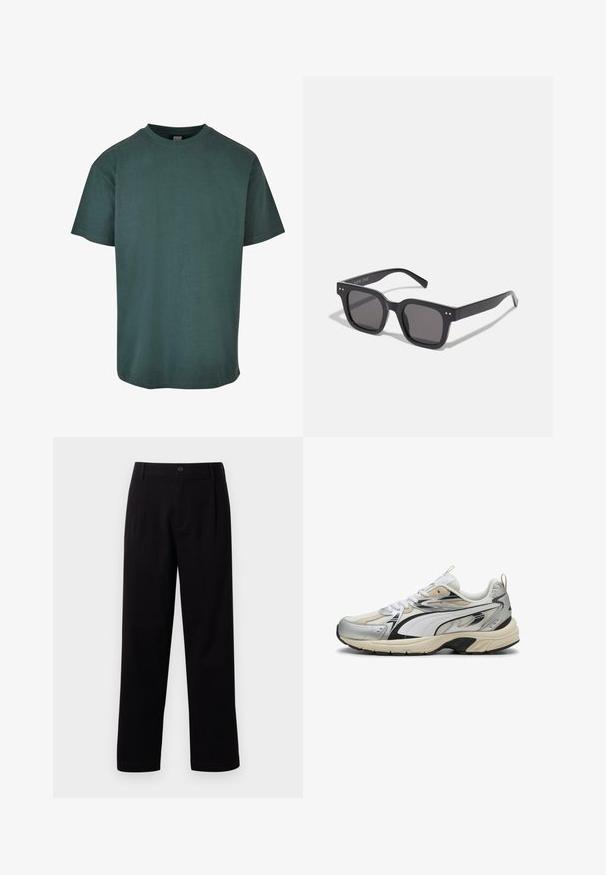 Jasnobeżowa kurtka zapinana na guziki, wykonana z miękkiego materiału, z ostro zakończonym kołnierzem, dwiema kieszeniami na piersi i długimi rękawami. Minimalistyczny design.; Zielony sweter z mieszanki wełny, z okrągłym dekoltem, ściągaczami przy mankietach i u dołu oraz miękkim, teksturowanym wykończeniem. Klasyczny, luźny krój z opadającymi ramionami.; Ciemnozielona bawełniana koszulka z okrągłym dekoltem, krótkimi rękawami i prostym dołem. Miękka tekstura, luźny krój i gładki fason.; Czarne spodnie materiałowe o prostym kroju, z fałdami z przodu i pojedynczym zapięciem na guzik. Gładka tekstura i brak widocznych wzorów.; Sneakers w kolorystyce srebrno-biało-czarnej, wykonane z siatkowych i syntetycznych materiałów, z teksturowaną podeszwą i kontrastującymi akcentami.; Czarne prostokątne okulary przeciwsłoneczne z ciemnymi soczewkami, charakteryzujące się grubą oprawką, subtelnymi akcentami po bokach i brakiem widocznych logo poza nazwą marki.; Beżowa torba płócienna na ramię z dwoma uchwytami, z dużym ciemnobrązowym napisem logo "THE NORTH FACE" oraz półokrągłym elementem graficznym.