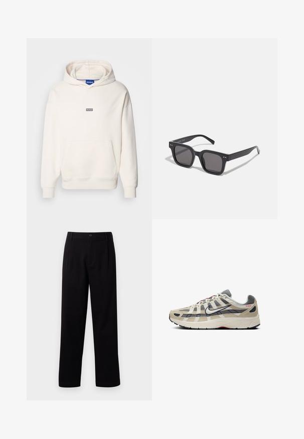 Lys beige knap-up jakke lavet af blødt stof, med spidse krave, to brystlommer og lange ærmer. Minimalistisk design.; Lyscreme hoodie lavet af bomuldsblanding, med en stor frontlomme, ribbede manchetter og et lille sort "HUGO" logo på brystet.; Sort og hvid crew-neck t-shirts, korte ærmer, lavet af bomuldsstof, glat tekstur, med branding på udskæringen.; Sorte stofbukser med lige snit, forknytninger foran og en enkelt knaplukning. Glat tekstur og ingen synlige mønstre.; Beige løbesko med grå mesh og ruskind detaljer, hvide accenter, sort sål, rød branding og et unikt krydsmønster på overdelen.; Sorte rektangulære solbriller med mørke linser, der har en tyk ramme, subtile detaljer på siderne og uden synlige logoer udover mærkenavnet.; Canvas tote bag i lys beige med dobbelthåndtag, med "SAMSOE" logo i hvidt trykt på fronten. Rektangulær form med enkelt design.