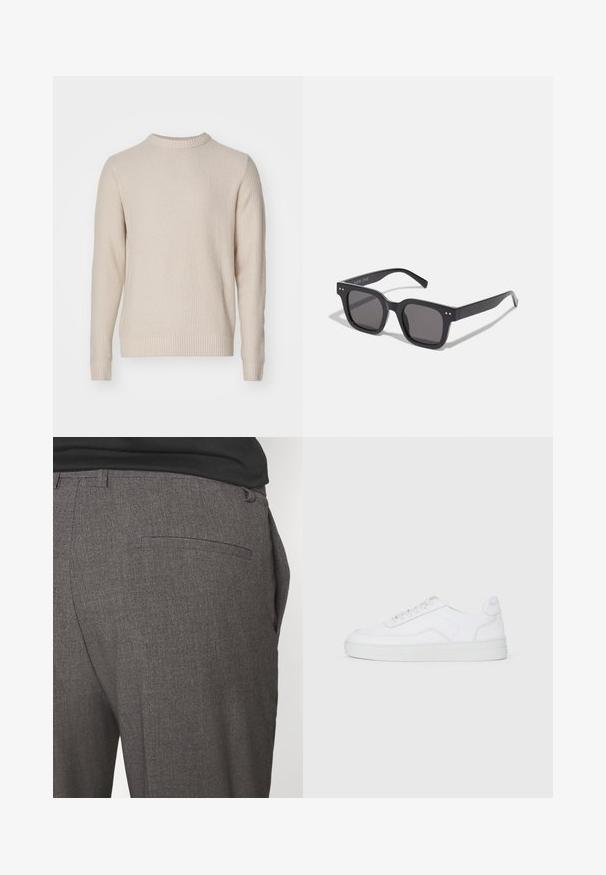 Hellbeige Hemdjacke aus weichem Stoff, mit spitzem Kragen, zwei Brusttaschen und langen Ärmeln. Minimalistisches Design.; Strickpullover in Hellbeige mit strukturiertem Muster, rundem Ausschnitt, gerippten Bündchen und Saum, aus einem weichen, warmen Material gefertigt.; Graue maßgeschneiderte Hose mit glatter Textur, ausgestattet mit einer einzigen hinteren Tasche und einem schlanken Schnitt. Der Stoff hat ein dezentes Muster.; Weißer Low-Top-Sneaker mit schnürbarem Vorderteil, glattem Obermaterial und Gummisohle vor einfachem, hellem Hintergrund.; Schwarze rechteckige Sonnenbrillen mit dunklen Gläsern, die einen dicken Rahmen, subtile Akzente an den Seiten und keine sichtbaren Logos außer dem Markennamen aufweisen.; Leichte, beigefarbene Canvas-Tasche mit doppelten Griffen, die auf der Vorderseite das in Weiß gedruckte "SAMSOE"-Logo trägt. Rechteckige Form mit simplem Design.