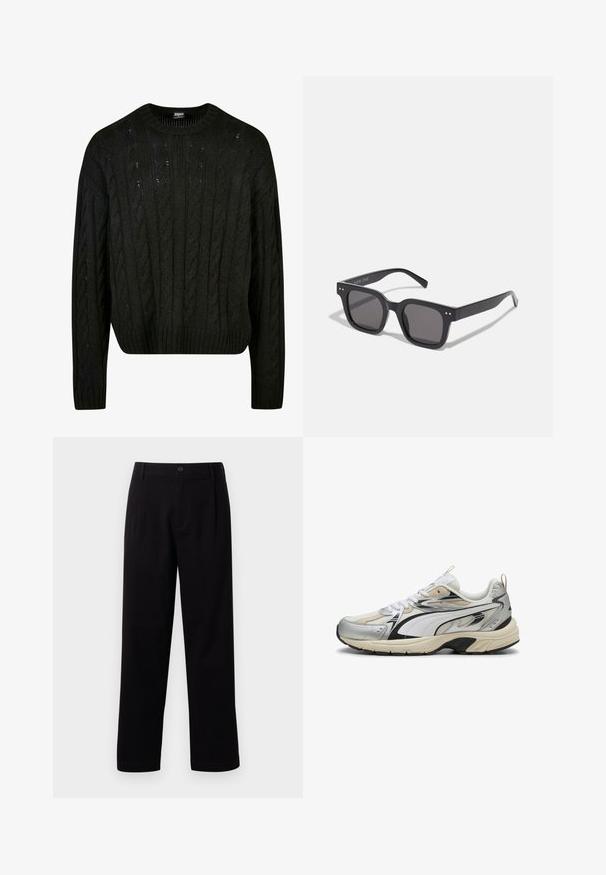 Vaaleanbeige napp closure -takki pehmeästä kankaasta, jossa on terävä kaulus, kaksi rintataskua ja pitkät hihat. Minimalistinen muotoilu.; Musta neulepaita, jossa on kaapeliteksti kuvioita, pyöreä pääntie, pudotetut olkapäät ja ribbaushelma. Keskipitkä malli, jossa on teksturoitu pinta.; Mustat ja valkoiset crew-neck t-paidat, lyhyet hihat, valmistettu puuvillakankaasta, sileä pinta, jossa brändäys kaula-aukossa.; Musta kangas housut suoralinjaisella leikkauksella, etukaitaleilla ja yhdellä nappisululla. Sujuva pinta ja ei näkyviä kuvioita.; Tennarit, joissa on hopea, valkoinen ja musta muotoilu, verkkokangasta ja synteettisiä materiaaleja, teksturoitu pohja ja erottuvat yksityiskohdat.; Mustat suorakulmaiset aurinkolasit tummilla linsseillä, joissa on paksu kehys, hienovaraiset yksityiskohdat sivuilla, eikä näkyviä logoja brändin nimen lisäksi.; Beige-kangas kantokassi kahdella kahvalla, jossa on suuri tumman ruskea logo-teksti "THE NORTH FACE" ja puolisuuntainen suunnittelu.