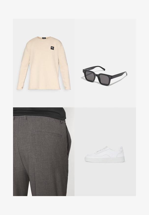 Jasnobeżowa kurtka zapinana na guziki, wykonana z miękkiego materiału, z ostro zakończonym kołnierzem, dwiema kieszeniami na piersi i długimi rękawami. Minimalistyczny design.; Beżowy sweter z długim rękawem, dzianinowy, z okrągłym dekoltem i małą czarną naszywką z logo po lewej stronie klatki piersiowej.; Szare dopasowane spodnie o gładkiej strukturze, z pojedynczą kieszenią z tyłu i slim fit. Tkanina ma subtelny wzór.; Białe niskie trampki z sznurowanym przodem, gładką cholewką i gumową podeszwą na jednolitym jasnym tle.; Czarne prostokątne okulary przeciwsłoneczne z ciemnymi soczewkami, charakteryzujące się grubą oprawką, subtelnymi akcentami po bokach i brakiem widocznych logo poza nazwą marki.; Torba płócienna w jasnym beżu z podwójnymi uchwytami, z białym logo "SAMSOE" drukowanym z przodu. Prostopadłościenny kształt o prostym wzornictwie.