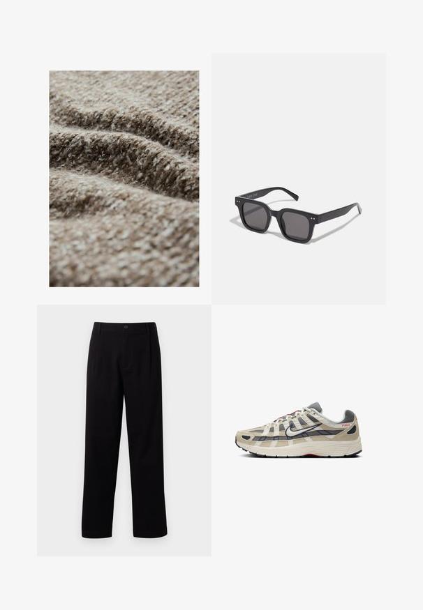 Giacca button-up beige chiaro realizzata in tessuto morbido, con colletto a punta, due tasche sul petto e maniche lunghe. Design minimalista.; Tessuto marrone testurizzato con un aspetto peloso, caratterizzato da una miscela di fibre chiare e scure, che mostra un motivo intrecciato e uno spessore variabile.; T-shirt in bianco e nero con colletto a giro, maniche corte, realizzato in tessuto di cotone, dalla texture liscia, con branding sul colletto.; Pantaloni in tessuto nero con taglio dritto, pieghe frontali e chiusura a un bottone. Tessuto liscio e privo di motivi visibili.; Scarpa da corsa beige con dettagli in mesh e suede grigi, accenti bianchi, suola nera, marchio rosso e un design a croce unico sulla parte superiore.; Occhiali da sole neri rettangolari con lenti scure, dotati di una montatura spessa, accenti sottili sui lati e senza loghi visibili oltre al nome del marchio.; Borsa tote in tela beige con due manici, caratterizzata da un grande testo del logo marrone scuro "THE NORTH FACE" e un elemento di design semicircolare.