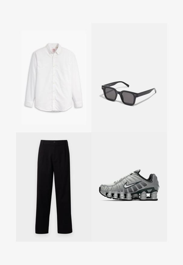 Világos bézs gombos dzseki, puha anyagból készült, hegyes gallérral, két mellzsebbel és hosszú ujjakkal. Minimalista dizájn.; Fehér, hosszú ujjú gombos ing pamutból. Klasszikus gallérral, gombos zárással és enyhe textúrával rendelkezik, az mellkason pedig egy diszkrét logó található.; Fekete anyagú nadrág egyenes szabással, elöl redőkkel és egy gombos zárással. Simító textúrájú, minták nélkül.; Szürke és fekete Nike futócipő, látható rugós párnázással a talp alatt és fehér swoosh logóval az oldalon.; Fekete téglalap alakú napszemüveg sötét lencsékkel, vastag kerettel, finom díszítésekkel az oldalán, és a márkanevet leszámítva látható logók nélkül.; Ezüst rozsdamentes acél kvarcóra fekete, téglalap alakú számlappal, analóg mutatókkal, digitális kijelzővel és vízállósági jelöléssel.