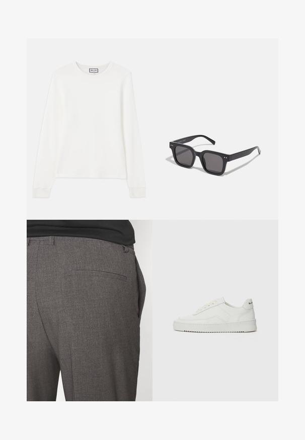 Light beige button-up jacket made of soft fabric, featuring a pointed collar, two chest pockets, and long sleeves. Minimalist design.; White long-sleeve ribbed knit top with a crew neckline and fitted cuffs. Features a tag reading "PAUL & JOE" at the collar.; Gray tailored trousers with a smooth texture, featuring a single back pocket and a slim fit design. Fabric has a subtle pattern.; White leather sneaker with a smooth finish, round toe, flat laces, and a textured sole. Features a subtle logo on the heel.; Black rectangular sunglasses with dark lenses, featuring a thick frame, subtle accents on the sides, and no visible logos beyond the brand name.; Canvas tote bag in light beige with dual handles, featuring "SAMSOE" logo in white printed on the front. Rectangular shape with simple design.