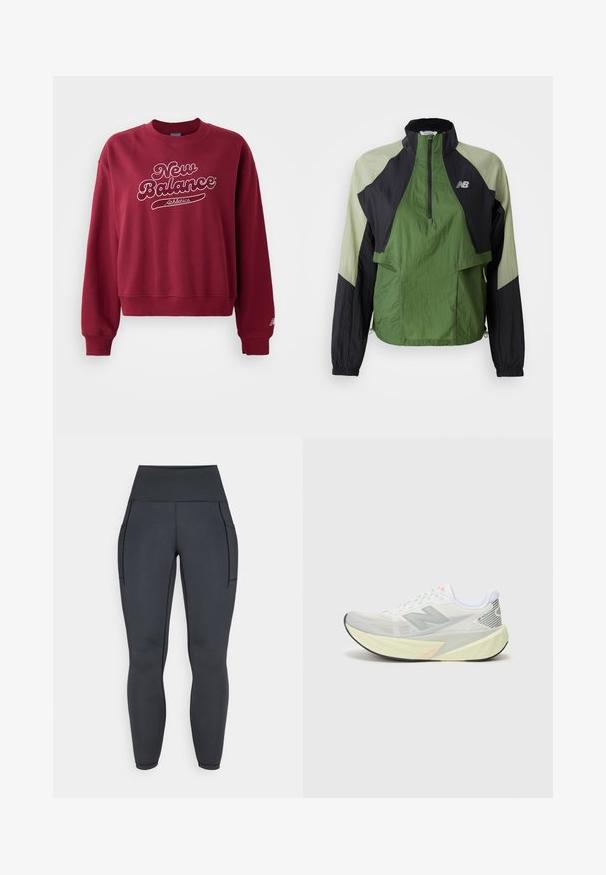 Chaqueta ligera verde y negra con media cremallera, puños elásticos, dos bolsillos frontales y paneles en contraste en una tela texturizada.; Sudadera burdeos con cuello redondo, que presenta el logotipo blanco de "New Balance" y el texto "Athletics". Puños y dobladillo acanalados, material suave.; Leggings negros de cintura alta hechos de una tela elástica y suave. Cuenta con dos bolsillos laterales y costuras de contraste a lo largo de las costuras.; Zapatilla de running ligera con una parte superior de malla gris y blanca, un prominente logo 'N' y una suela intermedia amarilla con acentos angulados. Suela exterior negra.