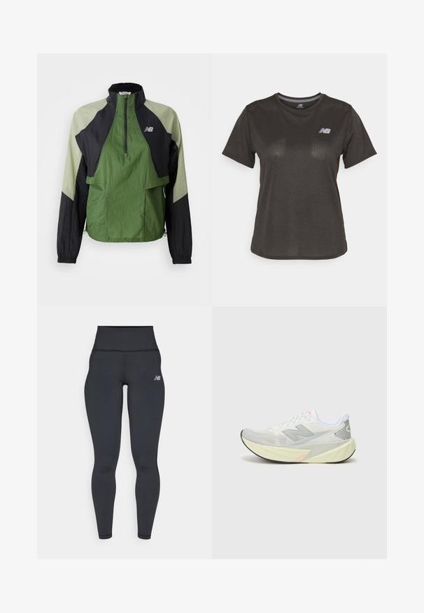 Žalias ir juodas lengvas džemperis su ketvirčio užtrauktuku, elastingomis rankovėmis, dviem priekinėmis kišenėmis ir kontrastingais intarpais tekstūruoto audinio.; Juodas sportinis marškinėliai trumpomis rankovėmis, pagaminti iš lengvos medžiagos. Turi subtilų tekstūrinį raštą ir mažą baltą logotipą ant krūtinės.; Juodos aukšto liemens sportinės legginsai su prigludusia forma, sklandžia tekstūra ir mažu baltu logotipu kairiajame klube.; Lengvas bėgimo batelis su pilkai balta tinklelio viršutine dalimi, išryškintu 'N' logotipu ir geltona vidurio dalimi su kampuotais akcentais. Juodas padas.