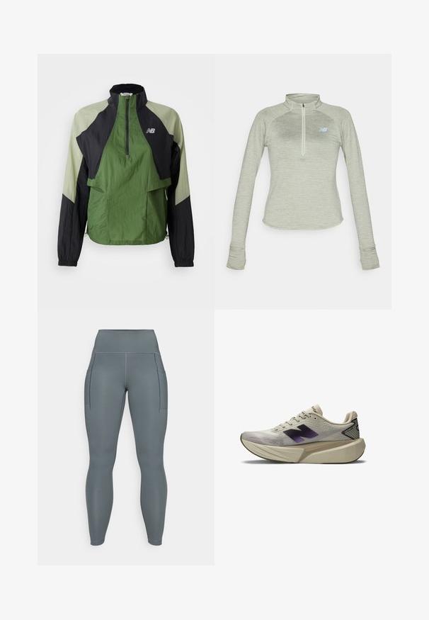 Vihreä ja musta kevyt takki, jossa on neljänneksen vetoketju, joustavat hihansuut, kaksi etutaskua ja kontrastiväriset paneelit teksturoidussa kankaassa.; New Balance ATHLETICS GRID 1/2 ZIP - Pitkähihainen paita - garter snake heather; Harmaat korkeavyötäröiset leggingsit, joissa on kaksi sivutaskua, valmistettu joustavasta kankaasta, jossa on litteät saumat ja sileä pinta.; Vaalean beige urheilukengät, joissa on paksu pohja, musta ja violetti "N" -logo sivulla sekä "FantomFit" -merkki kannassa.