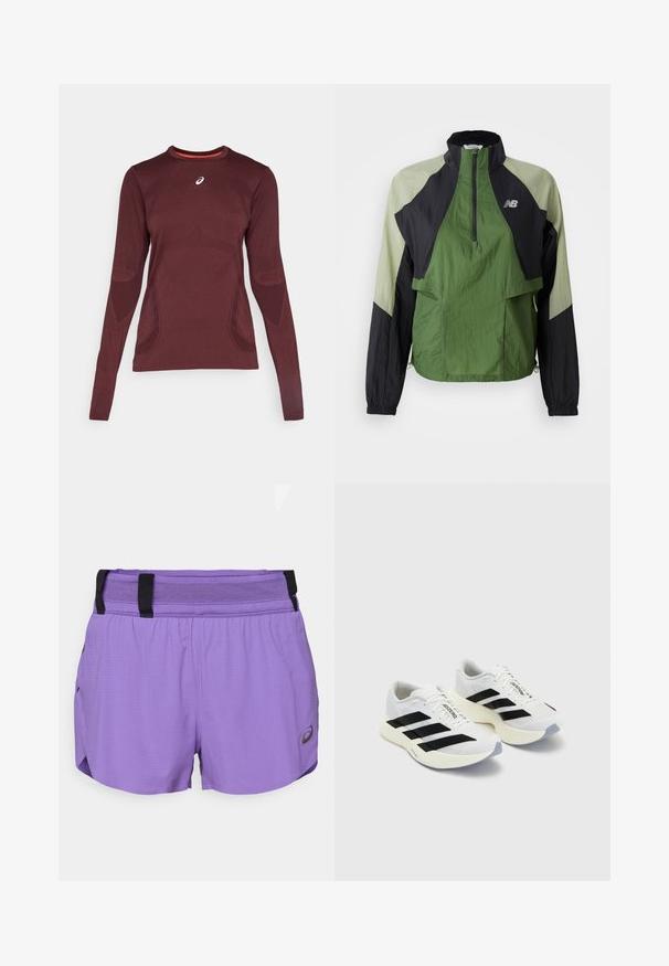 Zelena i crna lagana jakna s četvrtastim zatvaranjem, elastičnim manšetama, dva prednja džepa i kontrastnim panelima u teksturiranom materijalu.; Dugih rukava atletska majica u burgundiju s okruglim izrezom i teksturiranim uzorkom. Ima kontrastnu narančastu unutrašnjost i logo na prsima.; ASICS METARUN SPLIT SHORT - Sportske kratke hlače - edo purple; Bijele atletske cipele s crnim prugama i brandingom, s mrežastim gornjištem, zaobljenim prstom i debelim krem srednjim dijelom za ublažavanje.
