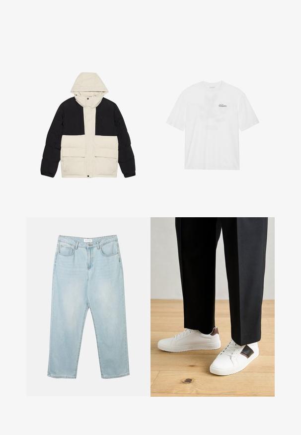 Vaatteet, joissa on pehmustettu takki mustalla yläosalla ja kermanvärisellä alaosalla, hupulla ja kahdella etutaskulla. Ryppyinen kangas ja napilla suljettava.; Valkoinen puuvillainen t-paita lyhyillä hihoilla, jossa on edessä painatus "Liidä rauhallisuuteen" mustalla ja vihreällä.; Vaaleansiniset farkut rentoa istuvuutta, viisi taskua, nappikiinnitys ja hienovarainen haalistuminen. Kankaan pinta on sileä ja hieman kulunut.; Valkoiset tennarit, joissa on sileä pinta, ruskealla nahka-akentilla ja mustilla yksityiskohdilla, yhdistetty mustiin räätälöityihin housuihin. Taustalla puulattia.