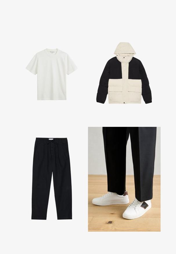 Pūšamā jaka ar melnu augšējo daļu un krēmkrāsas apakšējo daļu, ar kapuci un divām priekšējām kabatām. Struktūrēta auduma un poga slēgšana.; Balts kokvilnas T-krekls ar apaļu kaklu, īsām piedurknēm un brīvu piegriezumu. Gluda tekstūra, minimālisma dizains, nav pamanāmu rakstu vai akcentu.; Pier One Chinos tipa bikses - black; Baltā pārsoļa apavi ar gludu tekstūru, papildināti ar brūniem ādas akcentiem un melniem elementiem, savienoti ar melnām pielāgotām biksēm. Koka grīdas fons.