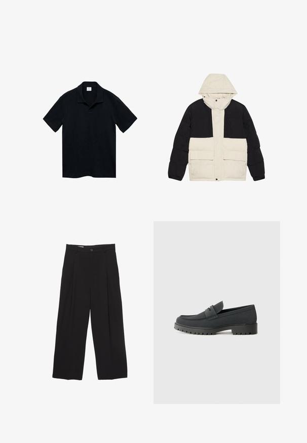 Gestepptes Jacket mit einem schwarzen oberen Teil und einem cremefarbenen unteren Teil, ausgestattet mit einer Kapuze und zwei Vordertaschen. Strukturierter Stoff und Druckknopfverschluss.; Mango Poloshirt - royal blue; Schwarze weit geschnittene Hose aus glattem Stoff, mit flachem Taillenbund, vorderen Falten und einer einzigen Knopfverschlus.; Schwarze Slipper mit glatter, matter Oberfläche, runder Zehenform und dicker, texturierter Sohle. Mit einem vorderen Riemen akzentuiert.