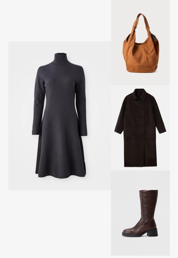 Ciemnobrązowy, długi wełniany płaszcz z podwójnymi guzikami, szerokim kołnierzem, długimi rękawami i dwiema dużymi kieszeniami z przodu.; Czarna, długosleeve sukienka z wysokim kołnierzem. Sylwetka w kształcie litery A, miękka tekstura i dół, który lekko się rozszerza.; Brązowy skórzany botek do kolan o fakturowanym wykończeniu, kwadratowym nosku i niskim obcasie blokowym. Posiada boczne szwy i lekko rozszerzający się górny brzeg.; Brązowa zamszowa torba na ramię o miękkiej teksturze, zakrzywionym kształcie i dwóch uchwytach. Charakteryzuje się minimalistycznym wyglądem, bez widocznych elementów metalowych czy akcentów.