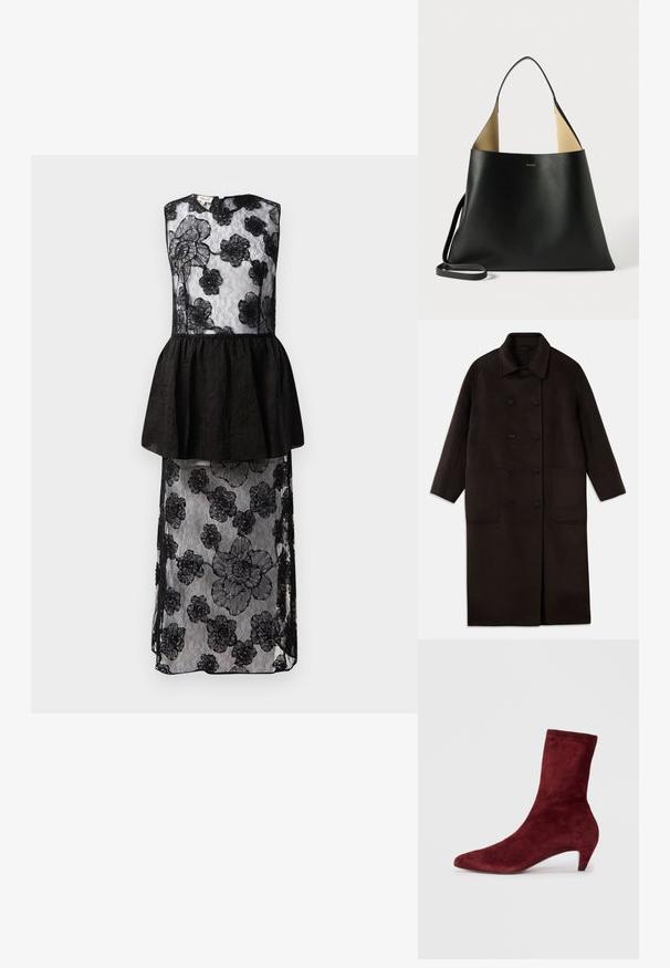 Ciemnobrązowy, długi wełniany płaszcz z podwójnymi guzikami, szerokim kołnierzem, długimi rękawami i dwiema dużymi kieszeniami z przodu.; Czarna sukienka z koronkowym nałożeniem w kwiatowe wzory, z peplum w talii, bez rękawów oraz długą, zwiewną sylwetką.; Bordowe zamszowe botki za kostkę z ostrym noskiem i niskim obcasem. Gładka tekstura i dopasowany krój bez widocznych elementów metalowych czy wzorów.; Czarna skórzana torba na ramię o przestronnym, kanciastym kształcie. Wyposażona w kontrastowe, jasnobrązowe wnętrze i cienki pasek na ramię. Minimalistyczne logo.