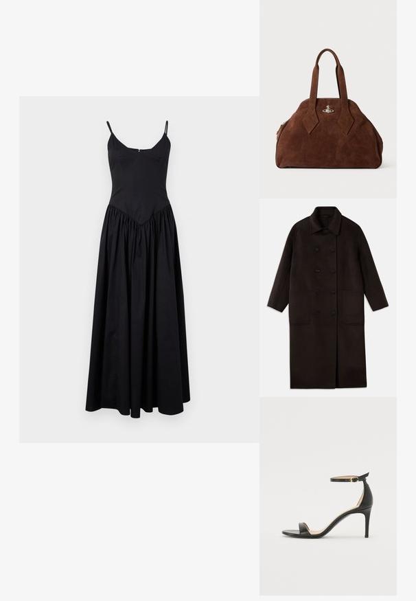 Ciemnobrązowy, długi wełniany płaszcz z podwójnymi guzikami, szerokim kołnierzem, długimi rękawami i dwiema dużymi kieszeniami z przodu.; Czarna maxi sukienka z cienkimi ramiączkami, dopasowanym korpusem i marszczoną spódnicą. Wykonana z lekkiego materiału o gładkiej fakturze i subtelnym połysku.; Czarne skórzane sandały na wysokim obcasie z paskiem na kostce. Charakteryzują się gładką fakturą, otwartym noskiem i cienkim obcasem. Złoty detal z klamrą.; Brązowa torebka z zamszu o usztywnionym kształcie, zaokrąglonym korpusie i wydłużonych uchwytach w kształcie diamentu. Charakteryzuje się srebrnym zamknięciem.
