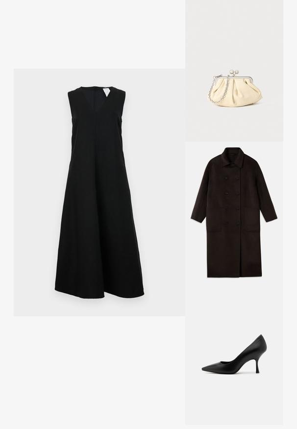 Tamsiai rudas, ilgas vilnonis paltas su dvigubais mygtukais, plačiu apykakle, ilgomis rankovėmis ir dviem didelėmis priekinėmis kišenėmis.; Juoda besiūlė suknelė su V formos iškirpte, laisvu siluetu ir pilnu sijonu. Medžiaga atrodo lygi, be matomų raštų ar akcentų.; Juodas odinis aukštakulnis batelis su smailiu nose ir plonu kulnu, turintis lygų paviršių ir klasiką siluetą.; Plyšiniai smėlio spalvos odiniai rankinukai su sidabriniu metaliniu rėmu, turintys du apvalius dekoratyvinius užtrauktukus ir sidabrinę grandinėlę.