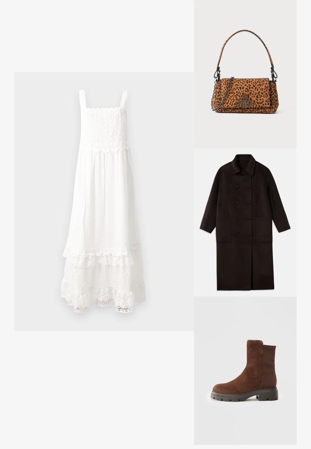 Donkerbruin, lange wollen jas met dubbelrijgsluiting, brede kraag, lange mouwen en twee grote voorzakken.; Lange witte jurk van gestructureerde stof, met een gesmokte lijfje, verstelbare schouderbanden en een kanten rand aan de onderkant.; Bruine suede enkellaars met elastische zijpanelen, ronde neus en een dikke rubberen zool met een gestructureerd loopvlakpatroon.; Luipaardprint handtas van suede met een korte hengsel, een kettingriem en een zwarte sluiting. Rechthoekige vorm met een klep-sluiting.