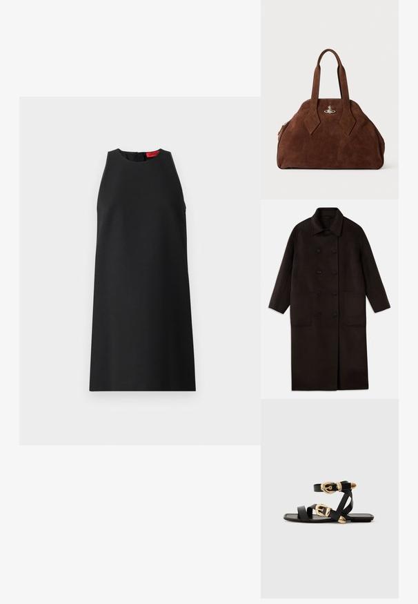 Tamsiai rudas, ilgas vilnonis paltas su dvigubais mygtukais, plačiu apykakle, ilgomis rankovėmis ir dviem didelėmis priekinėmis kišenėmis.; Juoda suknelė be rankovių su aukštu apykakle, lygaus audinio, laisvos silueto ir subtiliu raudonu etikete nugarinėje pusėje.; Juodos odinės šlepetės su auksiniais sagtelėmis, turinčios daugybę dirželių ir plokščią padą, skirtos atviriems pirštams.; Ruda zomšo rankinė su struktūrine forma, apvaliu kūnu ir pailgom rombo formos rankenom. Yra sidabro spalvos uždarymo mechanizmas.