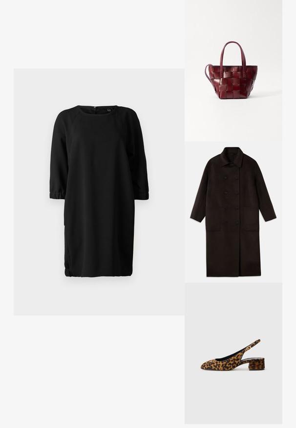 Tumma ruskea, pitkä villakangastakki, jossa on kaksiriviset napit, leveä kaulus, pitkät hihat ja kaksi suurta etutaskua.; Musta mekko, jossa on pyöreä pääntie, kolmannes hihat ja joustavat hihansuut. Valmistettu sileästä kankaasta, jossa on rento istuvuus. Sisältää sivutaskut.; Naisten leopardikuvioiset slingback-kengät matalalla paksupohjalla ja kultaisella soljella sivunauhoissa, esitetty sivuprofiilissa yksinkertaisella taustalla.; Viettetty viininpunainen nahkaolkalaukku, jossa on kaksi lyhyttä kahvaa ja irrotettava olkahihna. Laukussa on jämäkkä muoto ja sileä pinta.