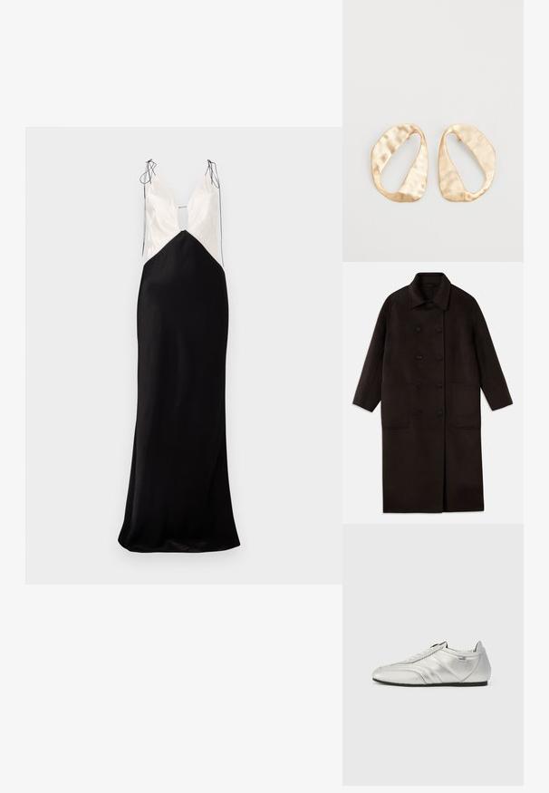 Tamno smeđi, dugi kaput od vune s dvostrukim dugmadi, širokim ovratnikom, dugim rukavima i dva velika prednja džepa.; Duga haljina bez rukava s crnom satenastom suknjom i kremastim topom, s V-izrezom i dekorativnim vezanjem na ramenima.; Srebrne atletske cipele s glatkom kožnom završnom obradom, s prošivenim detaljima, zaobljenim vrhom i niskim crnim gumama.; Par zlatnih metalnih naušnica nepravilnog ovalnog oblika s teksturiranom, blago kovanom površinom na bijeloj pozadini.