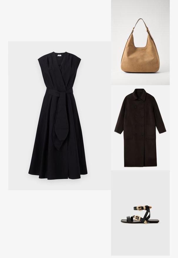 Dunkelbrauner, langer Wollmantel mit doppelreihigen Knöpfen, breitem Kragen, langen Ärmeln und zwei großen vorderen Taschen.; Marella OSSOLA - Freizeitkleid - nero; Schwarze Ledersandalen mit goldenen Schnallenakzenten, die mehrere Riemen und ein flaches Sohlendesign für das Tragen mit offenen Zehen bieten.; Lederne Schultertasche in Tan mit abgerundeter Form, glatter Textur und kontrastierendem goldfarbenem Hardware-Element. Verfügt über einen breiten Schultergurt.