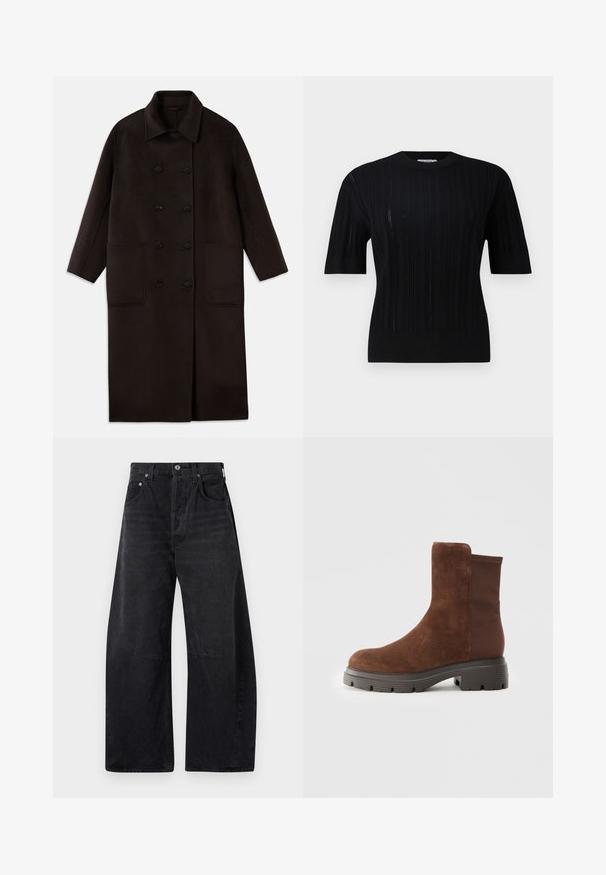 Σκούρο καφέ, μακρύ παλτό από μάλλινο ύφασμα με διπλές κουμπότρυπες, φαρδύ γιακά, μακριά μανίκια και δύο μεγάλες μπροστινές τσέπες.; Filippa K BRAID - Πουλόβερ - black; Citizens of Humanity HORSESHOE - Τζιν χαλαρής εφαρμογής - black; Καφέ σουέτ ankle boots με ελαστικά πλαϊνά, στρογγυλεμένη μύτη και χοντρή καουτσούκ σόλα με υφή στο σχέδιο.