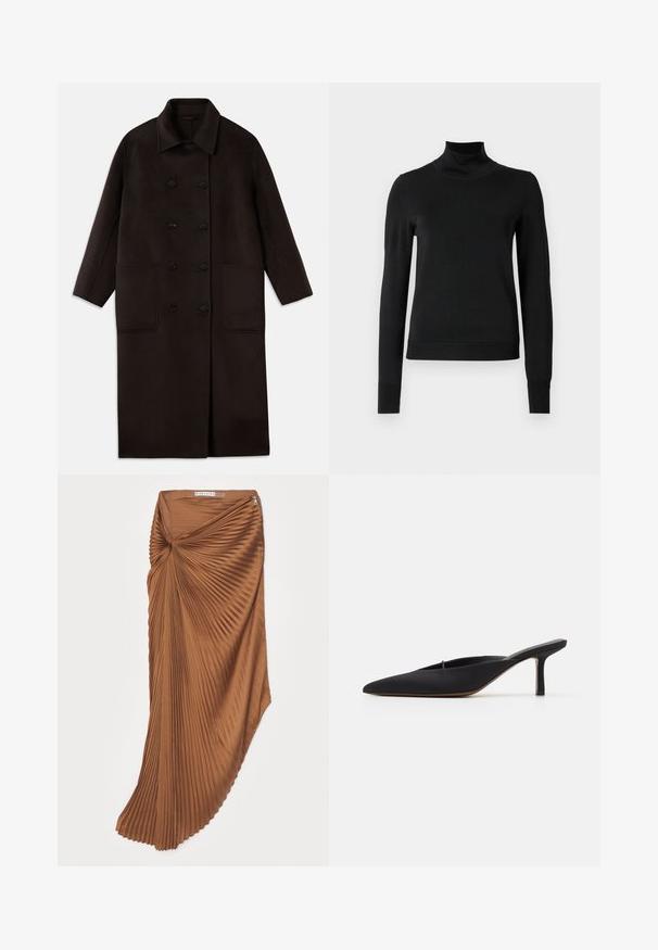 Donkerbruin, lange wollen jas met dubbelrijgsluiting, brede kraag, lange mouwen en twee grote voorzakken.; Zwarte trui met lange mouwen en col, voorzien van geribde manchetten en zoom, weergegeven op een effen witte achtergrond.; Bruine geplooide rok met een twistdesign op de taille, met een gladde textuur en een sluiting met een rits aan de zijkant.; Zwarte muiltje met spitse neus en een strak ontwerp, gemaakt van gladde stof, met een slanke hak en open achterkant voor gemakkelijk aan- en uittrekken.