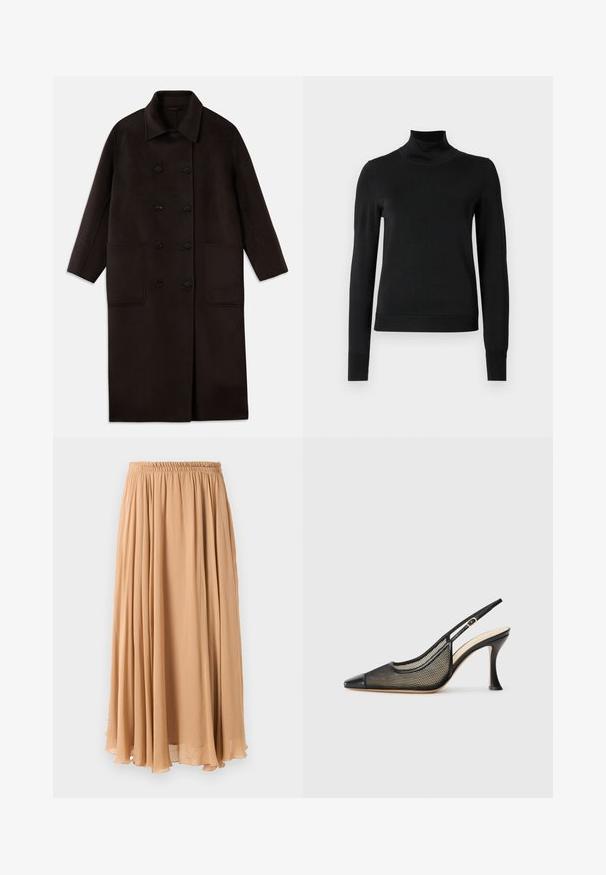 Tamsiai rudas, ilgas vilnonis paltas su dvigubais mygtukais, plačiu apykakle, ilgomis rankovėmis ir dviem didelėmis priekinėmis kišenėmis.; Juoda ilgomis rankovėmis turtleneko tipo megztinis su rebruotomis rankovėmis ir apačia, eksponuojamas ant paprasto balto fono.; Šviesiai bežinė maksi sijonas, pagamintas iš lengvos medžiagos. Turi surinktą elastingą juosmenį ir švelnius klostes, užtikrinančius judėjimą.; Juodas nėriniuotas aukštakulnis batelis su smailiu kojų pirštu, tinkliniais akcentais ir lygiai odiniu viršumi. Spalvos: juoda ir kreminės akcentai.