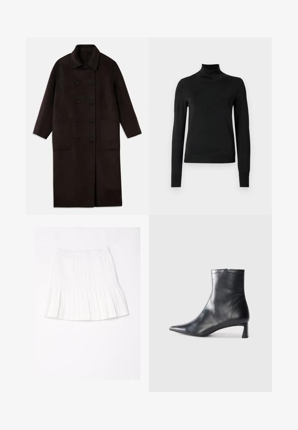 Dunkelbrauner, langer Wollmantel mit doppelreihigen Knöpfen, breitem Kragen, langen Ärmeln und zwei großen vorderen Taschen.; Schwarzer Langarmrollkragenpullover mit gerippten Bündchen und Saum, auf einem schlichten weißen Hintergrund präsentiert.; Weißer plissierter Rock mit breitem Taillenbund, flach auf einem weißen Hintergrund präsentiert.; Schwarze Lederstiefelette mit spitzer Zehe und schlankem Design. Verfügt über einen niedrigen Absatz und einen Reißverschluss hinten. Glatte Textur.