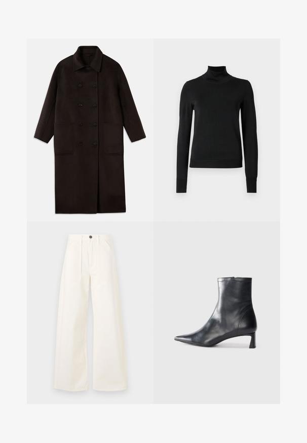 Sötétbarna, hosszú gyapjúszövet kabát dupla gombos záródással, széles gallérral, hosszú ujjaival és két nagy elülső zsebbel.; Fekete, hosszú ujjú garbós pulóver bordás mandzsettákkal és aljjal, sima fehér háttér előtt bemutatva.; Bőszárú nadrág világosbézs pamut anyagból, magas derékkal, két elülső zsebbels és egyetlen elülső gombos záródással.; Fekete bőr bokacsizma hegyes orral és letisztult dizájnnal. Alacsony sarka és hátsó cipzáras záródása van. Simának tűnő textúra.