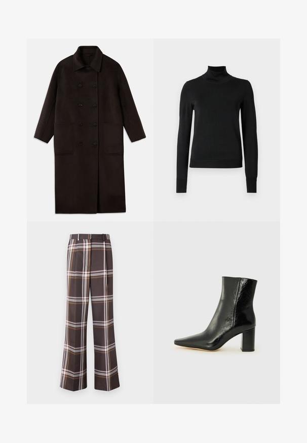 Casaco de lã longo, castanho escuro, com botões duplos, colarinho largo, mangas longas e dois grandes bolsos frontais.; Sweater preto de manga longa com gola alta, com punhos e bainha canelados, exposto em um fundo branco liso.; Stine Goya FRONT PLEAT LONG STRAIGHT PANTS CASUAL TAILORING - Calças - dark brown; Botim preto até ao tornozelo, feito de couro brilhante, com bico apontado e um salto grosso e quadrado. Apresenta uma textura suave e um design minimalista.