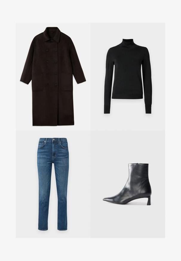 Tumši brūns, garš vilnas mētelis ar dubultām pogām, plašu apkakli, garām piedurknēm un divām lielām priekšējām kabatām.; Melnas garām piedurknēm turtlenecks džemperis ar ribotām aprocēm un apakšmali, attēlots uz vienkārša balta fona.; Tumši zilo džinsu bikses ar taisnu kāju griezumu, piecu kabatu dizains un metāla pogu jostasvietā. Nedaudz izbalēšana un šuvju detaļas.; Melnas ādas potītes zābaki ar norādītu pirkstu un elegantu dizainu. Iezīmē zemu papēdi un rāvējslēdzēja aizdari aizmugurē. Gluda tekstūra.