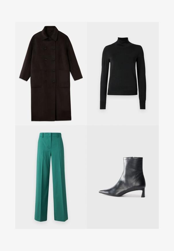 Abrigo de lana largo de color marrón oscuro, con botones dobles, cuello ancho, mangas largas y dos grandes bolsillos frontales.; Suéter negro de manga larga con cuello de tortuga, con puños y dobladillo acanalados, exhibido sobre un fondo blanco liso.; Pantalones de pierna ancha verdes, confeccionados en una tela suave con un corte ajustado, que presentan pliegues delanteros y un diseño de dos bolsillos.; Botín de cuero negro hasta el tobillo con punta afilada y un diseño elegante. Presenta un tacón bajo y un cierre con cremallera en la parte trasera. Textura suave.