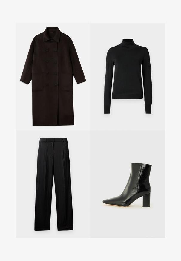 Temno rjav, dolg volnen plašč z dvojnimi gumbi, širokim ovratnikom, dolgimi rokavi in dvema velikima sprednjima žepoma.; Črni pulover s dolgimi rokavi in vratnikom, z rebrastimi манжетами in robom, prikazan na enobarvni beli podlagi.; Črne hlače s širokimi nogavicami, izdelane iz gladkega materiala, z sprednjimi gubami, zankami za pas in zadrgo.; Črne gležnjarje iz sijoče usnje s koničastim nosom in masivnim kvadratnim peto. Imajo gladko teksturo in minimalističen dizajn.