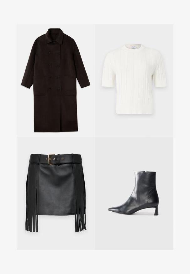 Tamsiai rudas, ilgas vilnonis paltas su dvigubais mygtukais, plačiu apykakle, ilgomis rankovėmis ir dviem didelėmis priekinėmis kišenėmis.; Baltas megztas trumpomis rankovėmis džemperis, turintis vertikalių raukšlių ir apvalią iškirptę. Pagamintas iš minkštos medžiagos su tekstūruotu paviršiumi.; Juodas dirbtinės odos sijonas su frinžuotais akcentais. Turi platų diržą su auksiniu sagtimi ir daugybe reguliavimo skylių. Lygi tekstūra.; Juodas odinis kulkšninis batas su smailiu pirštu ir elegantišku dizainu. Turi žemą kulną ir užtrauktuką gale. Lygi tekstūra.