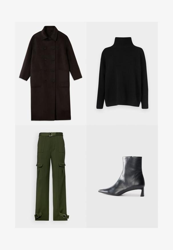 Tamsiai rudas, ilgas vilnonis paltas su dvigubais mygtukais, plačiu apykakle, ilgomis rankovėmis ir dviem didelėmis priekinėmis kišenėmis.; Juodas megztinis megztas, su aukštu ribuotu apykakliu, nuleistais pečiais ir laisvo silueto. Turi ribotas rankogalius ir apačią, suteikiančias tekstūros.; Žalios kargo kelnės, pagamintos iš tvirto audinio. Ypatybės: dirželis liemens, keli dideli kišeniai ir sagtis ant kulkšnių.; Juodas odinis kulkšninis batas su smailiu pirštu ir elegantišku dizainu. Turi žemą kulną ir užtrauktuką gale. Lygi tekstūra.